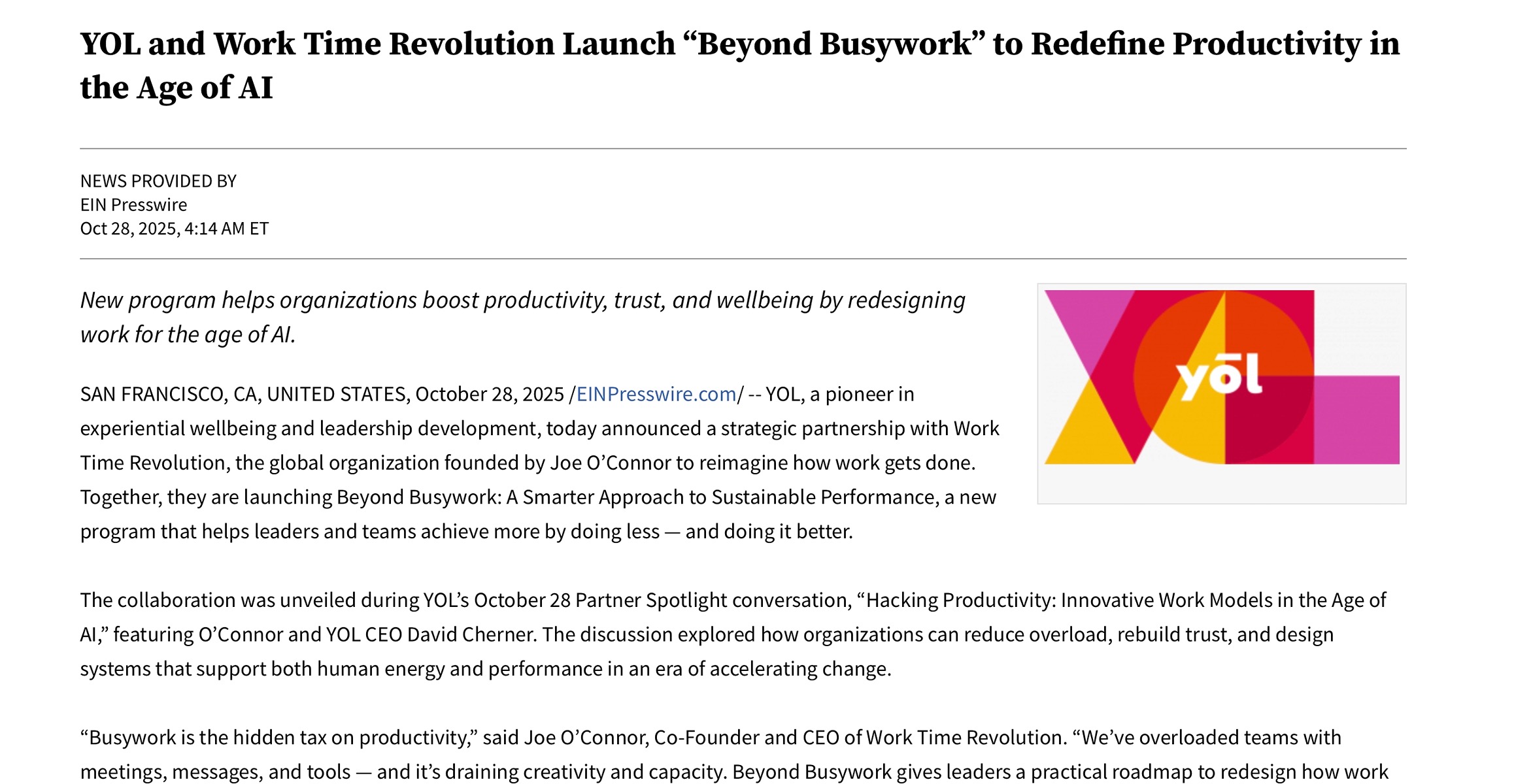 YOL and Work Time Revolution Launch “Beyond Busywork” to Redefine Productivity in the Age of AI